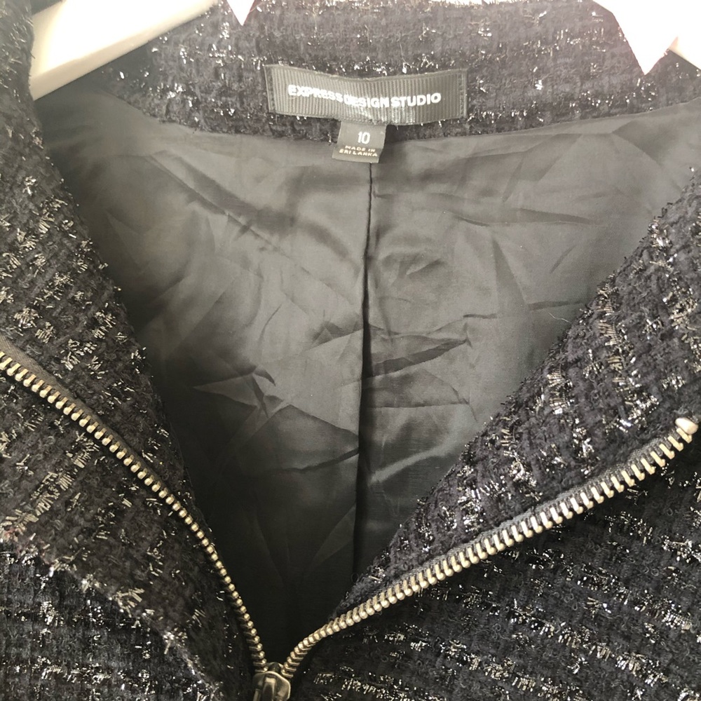 Express Black Swing Jacket Metallic Sparkly Tweed Cropped Zip Up 10 Medium - Picture 4 of 6